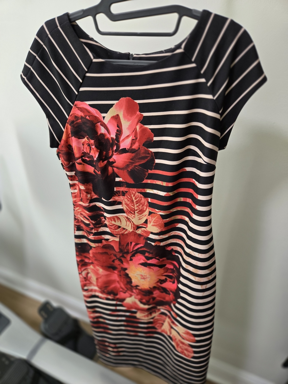 ECI Black & White Striped Midi Dress with Red Floral Print